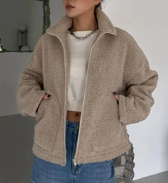 Teddy Sherpa Zip Front Stand Collar Jacket