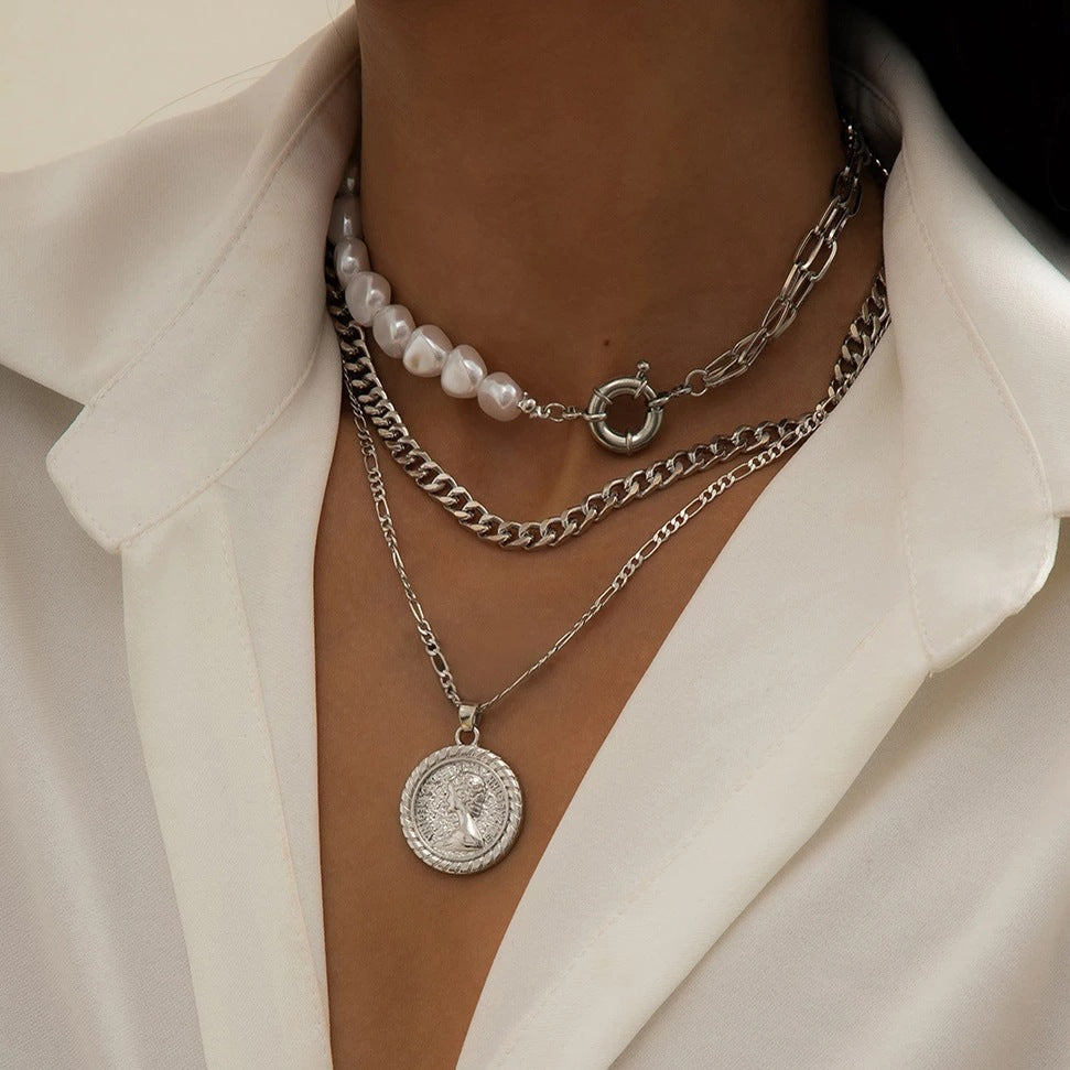 Pearl and Link Chain Layered Necklace Stack - Color_10