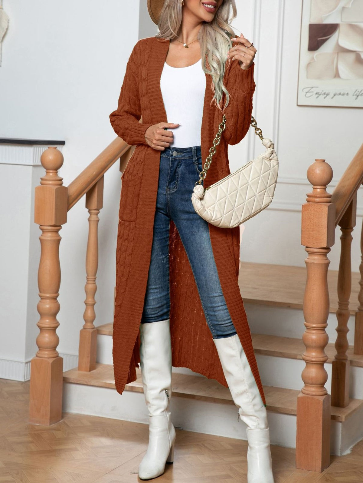 Longline Cable Knit Open Duster Cardigan - Brown
