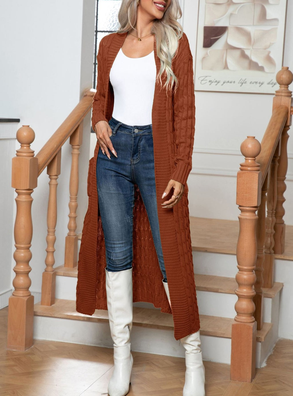 Longline Cable Knit Open Duster Cardigan - Brown - 1