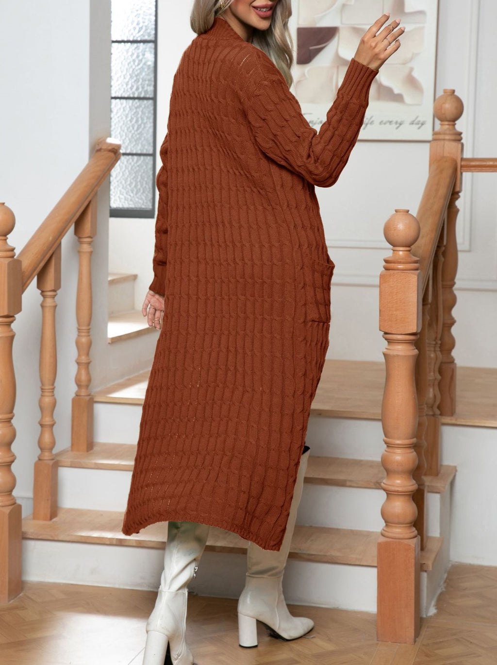 Longline Cable Knit Open Duster Cardigan - Brown - 2
