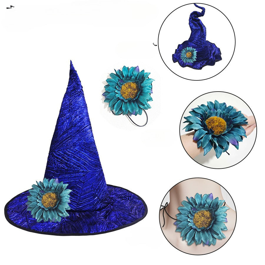 Glossy Witch Hat With Detachable Flower - Blue - 4
