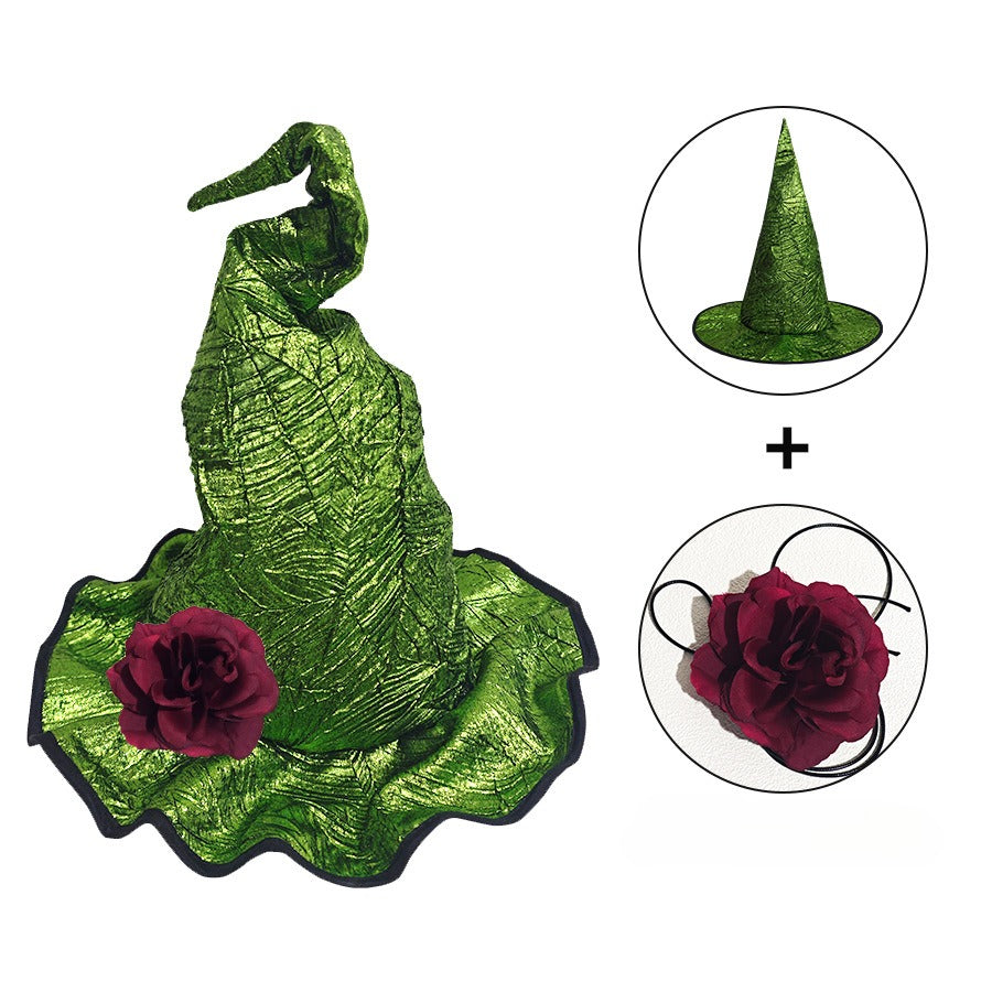 Glossy Witch Hat With Detachable Flower - Green