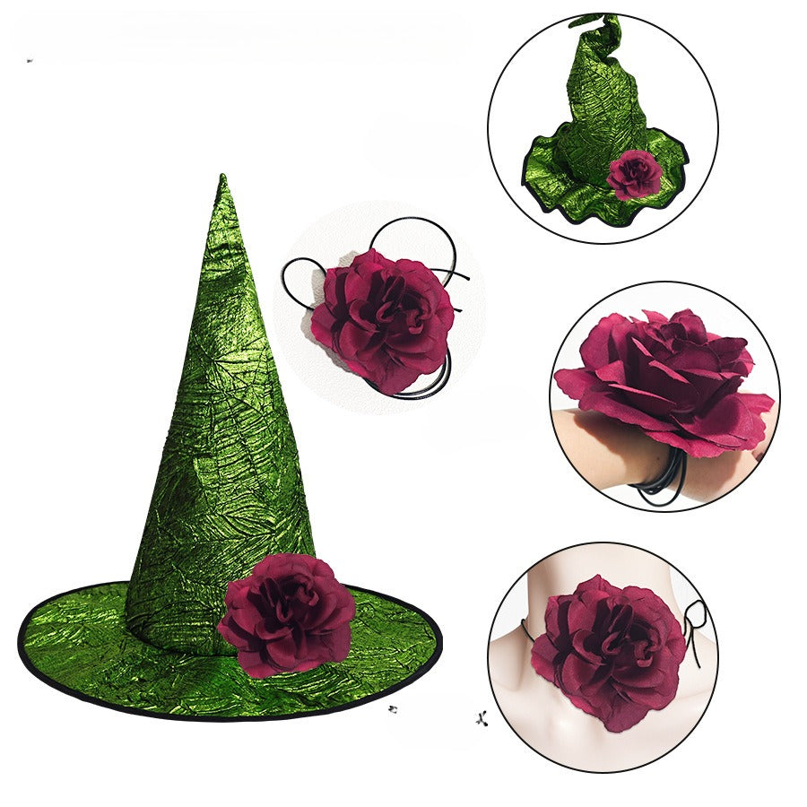 Glossy Witch Hat With Detachable Flower - Green - 2