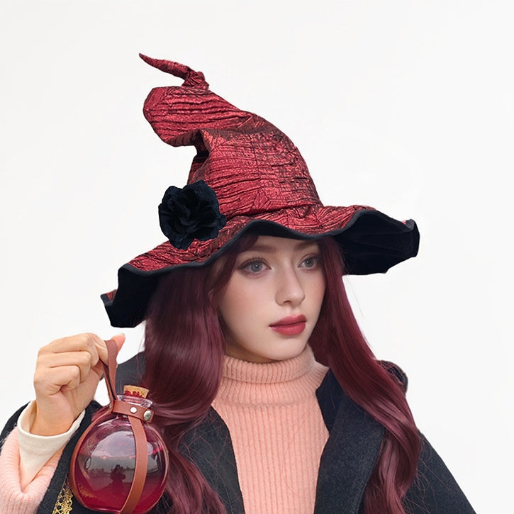 Glossy Witch Hat With Detachable Flower - Red - 1