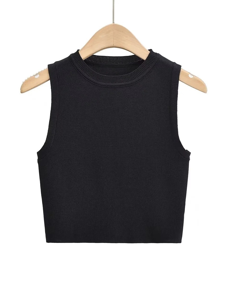 Round Neck Ribbed Crop Tank Top - Black