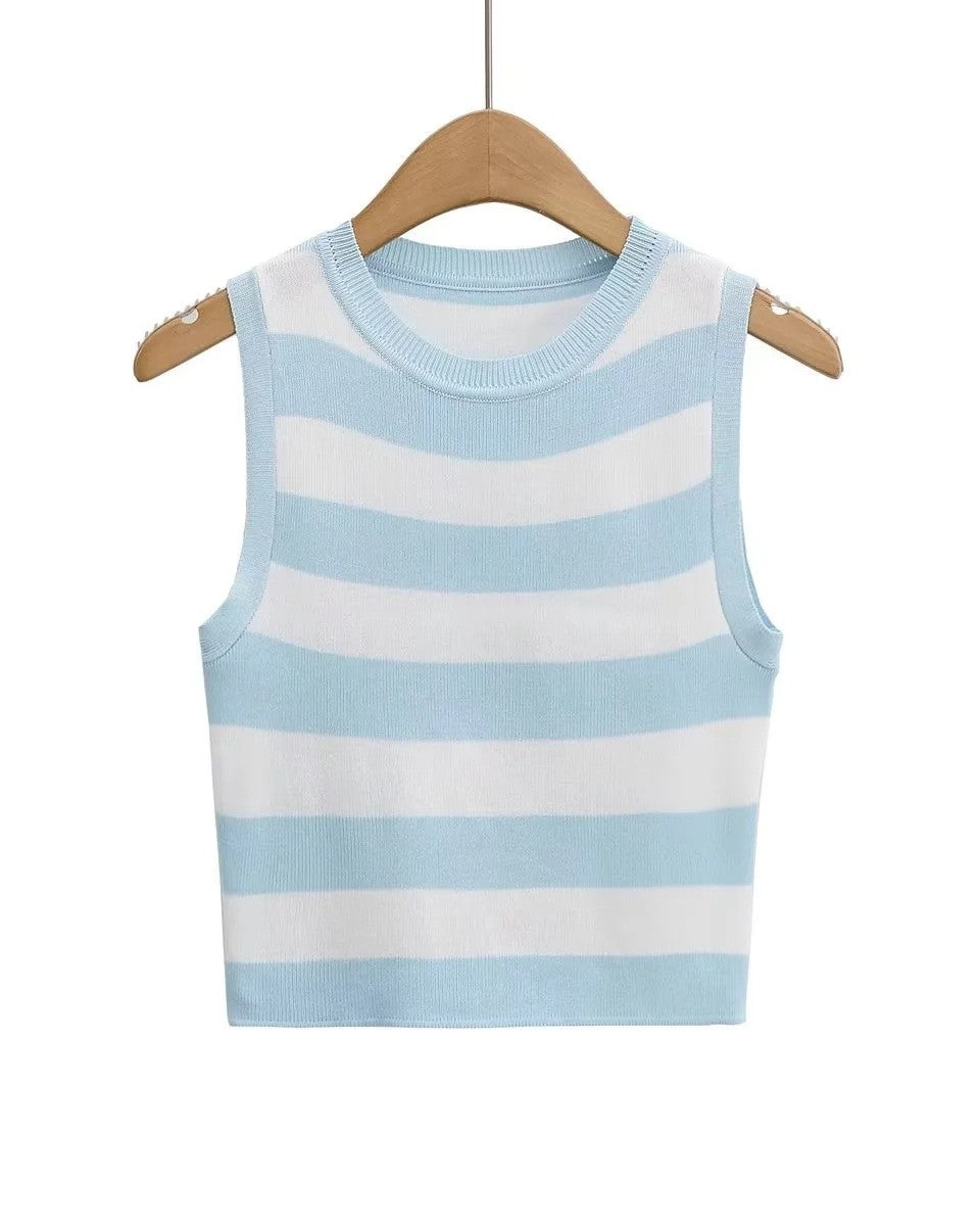Round Neck Ribbed Crop Tank Top - BlueWhite