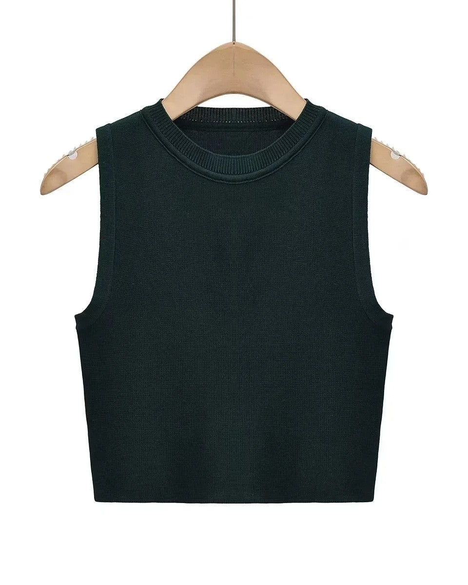 Round Neck Ribbed Crop Tank Top - Dark-Green