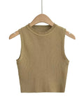 Round Neck Ribbed Crop Tank Top - Deep-Khaki