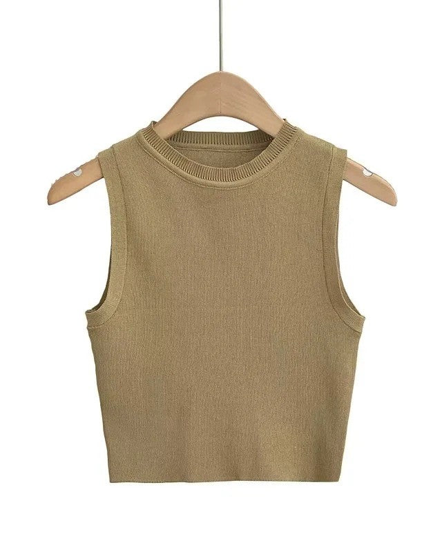 Round Neck Ribbed Crop Tank Top - Deep-Khaki