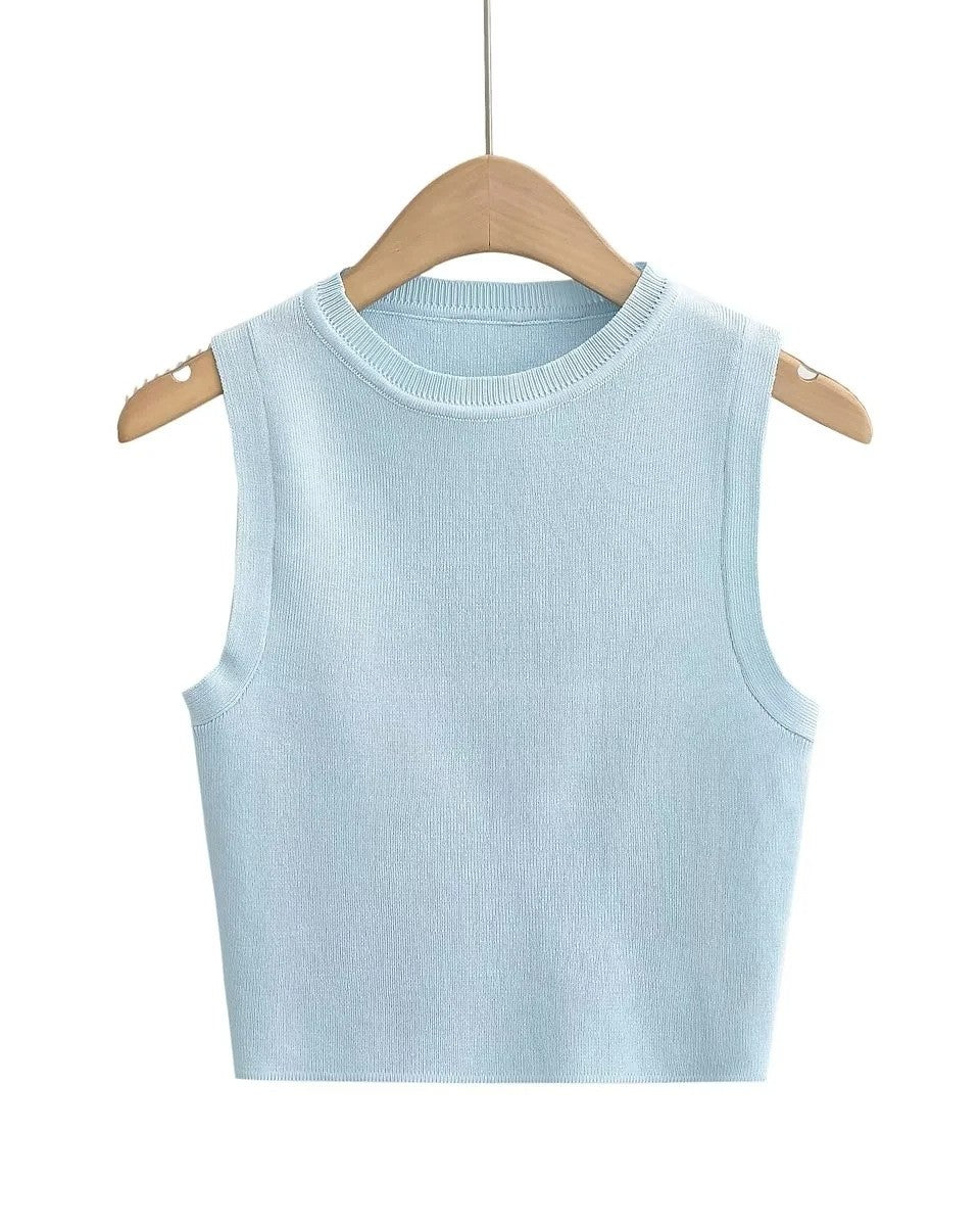 Round Neck Ribbed Crop Tank Top - Light-Blue