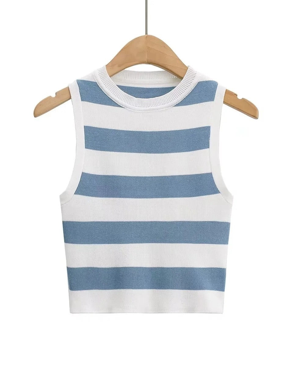 Round Neck Ribbed Crop Tank Top - Navy-White