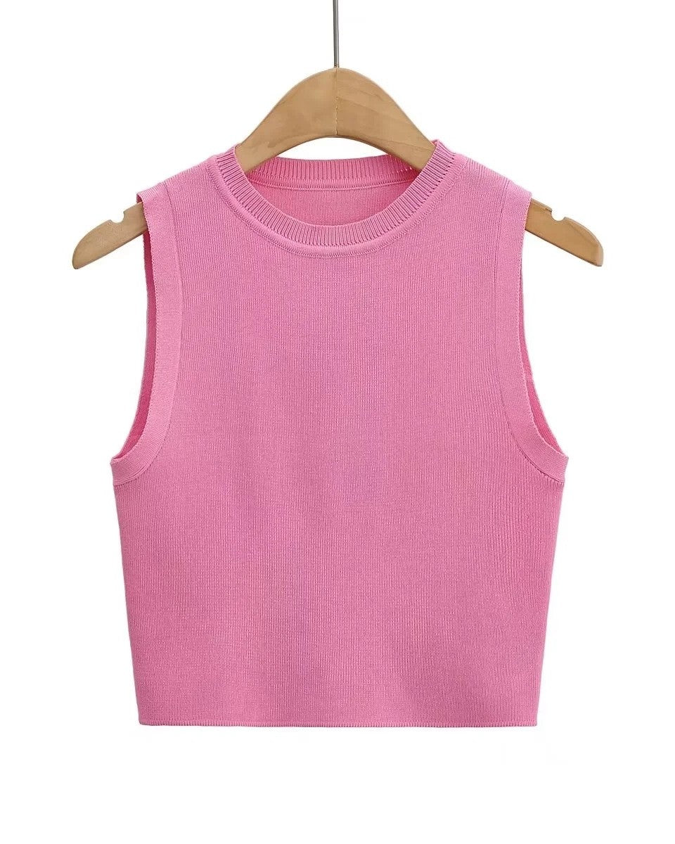 Round Neck Ribbed Crop Tank Top - Pink