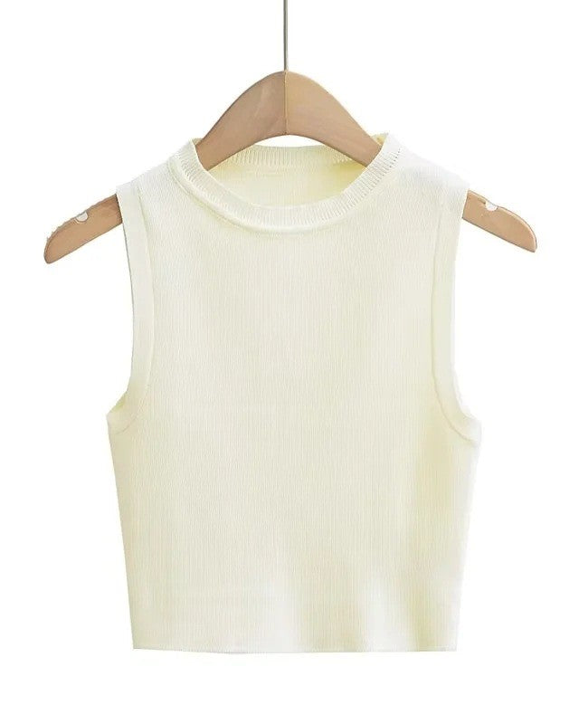 Round Neck Ribbed Crop Tank Top - White