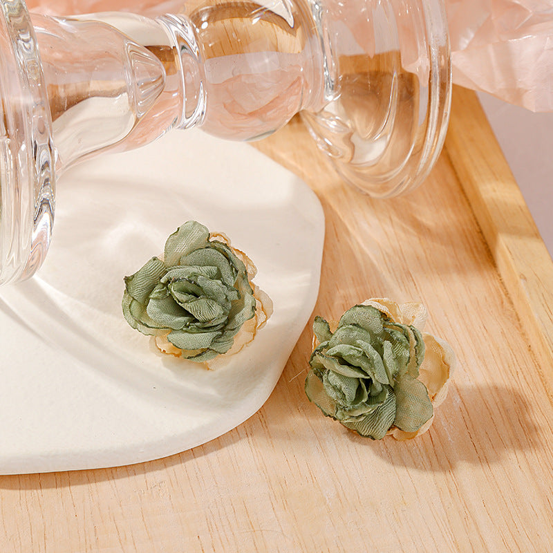Ruffled Fabric Rose Stud Earrings - Green