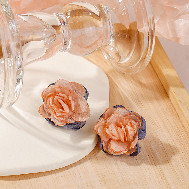 Ruffled Fabric Rose Stud Earrings - Pink