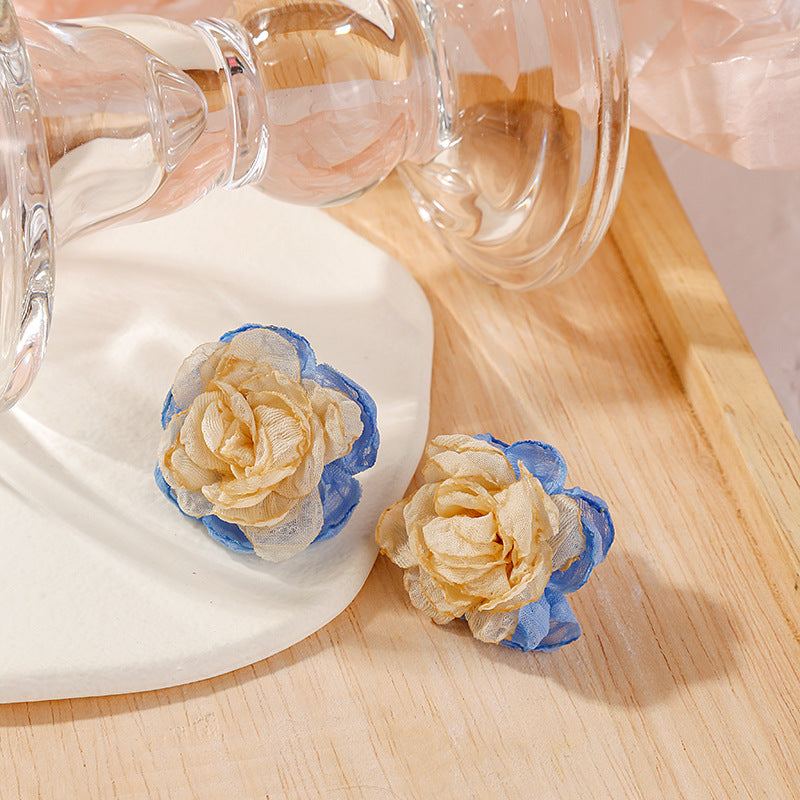 Ruffled Fabric Rose Stud Earrings - White
