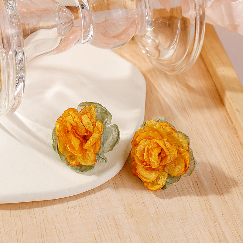 Ruffled Fabric Rose Stud Earrings - Yellow