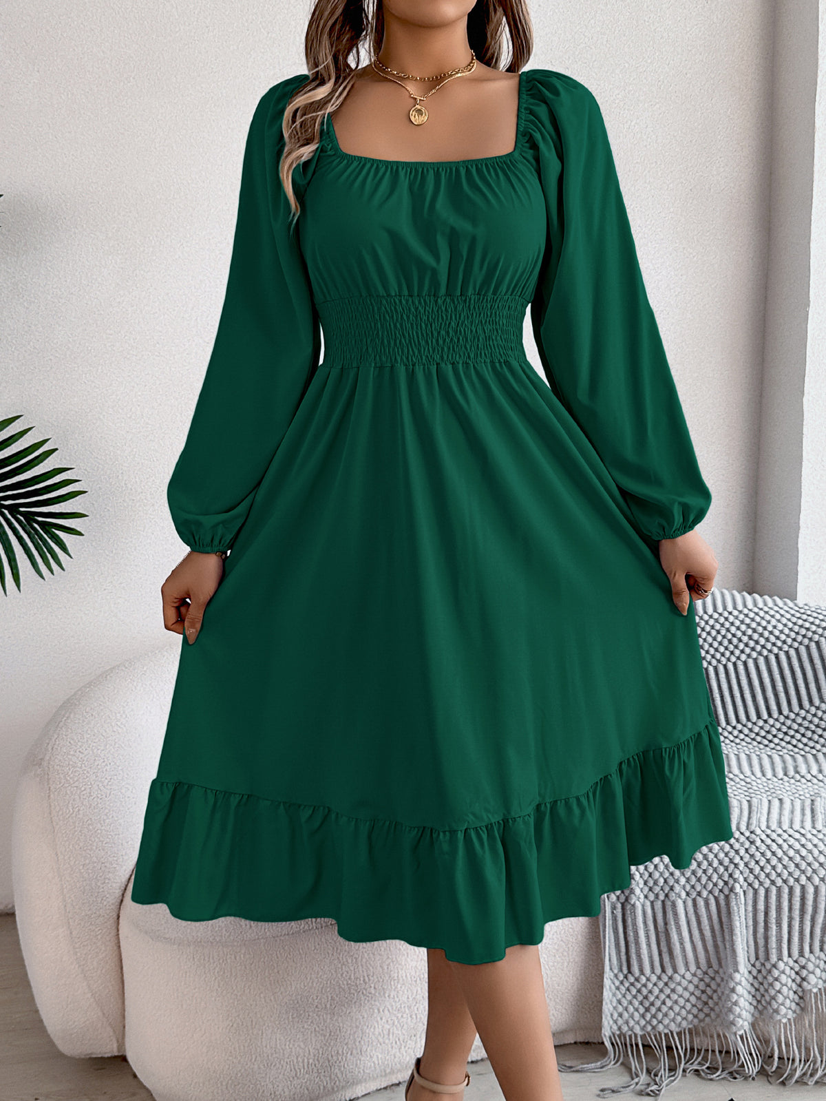 Smocked Waist Balloon Sleeve Tiered Midi Dress - Green - 1