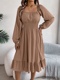 Smocked Waist Balloon Sleeve Tiered Midi Dress - Khaki