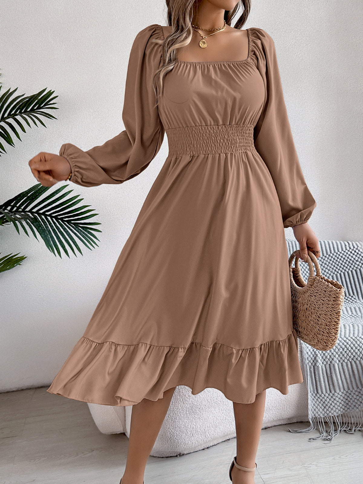 Smocked Waist Balloon Sleeve Tiered Midi Dress - Khaki - 1