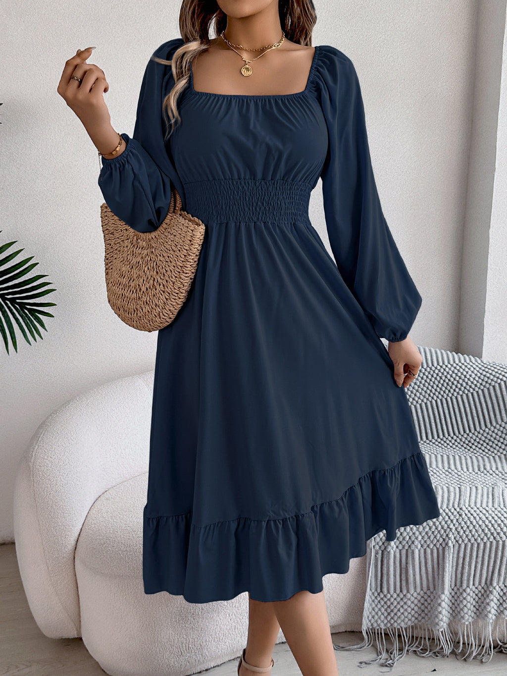 Smocked Waist Balloon Sleeve Tiered Midi Dress - Navyblue