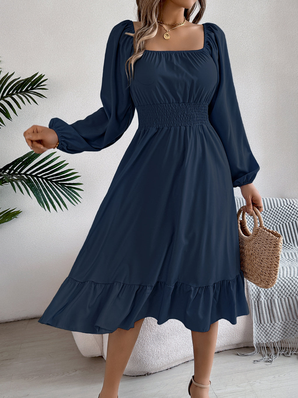 Smocked Waist Balloon Sleeve Tiered Midi Dress - Navyblue - 1