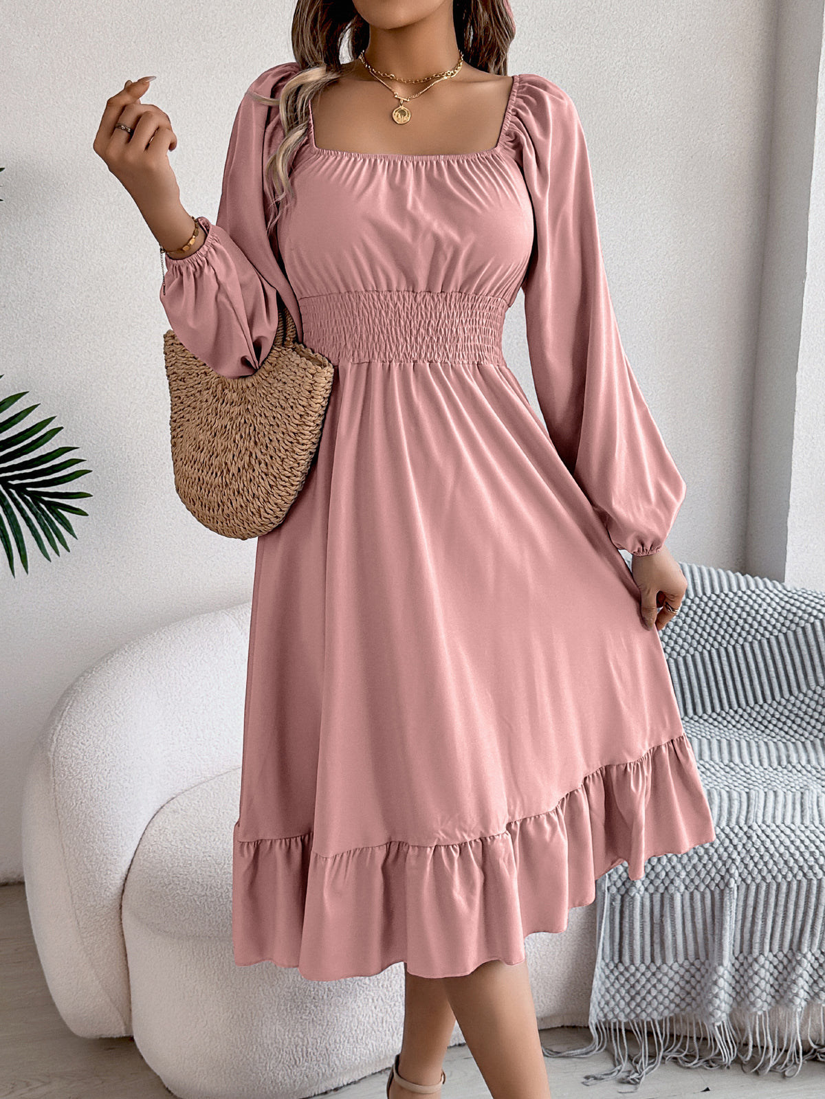 Smocked Waist Balloon Sleeve Tiered Midi Dress - Pink - 1