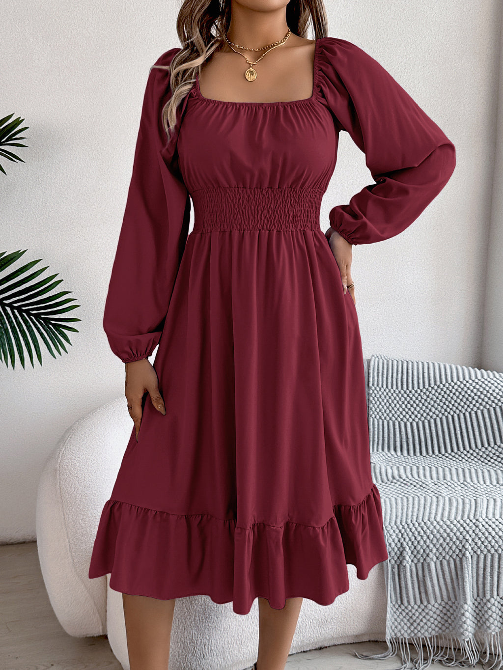 Smocked Waist Balloon Sleeve Tiered Midi Dress - Winered