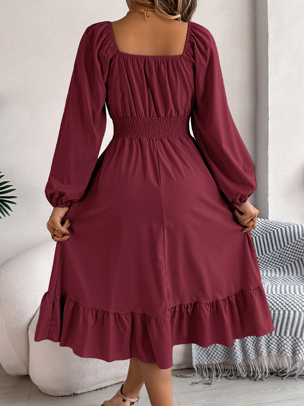 Smocked Waist Balloon Sleeve Tiered Midi Dress - Winered - 1