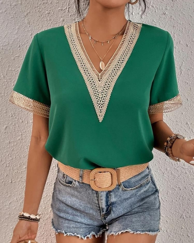 Crochet Trim V Neck Short Sleeve Blouse - Green