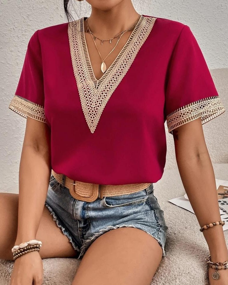 Crochet Trim V Neck Short Sleeve Blouse - Red