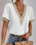Crochet Trim V Neck Short Sleeve Blouse - White