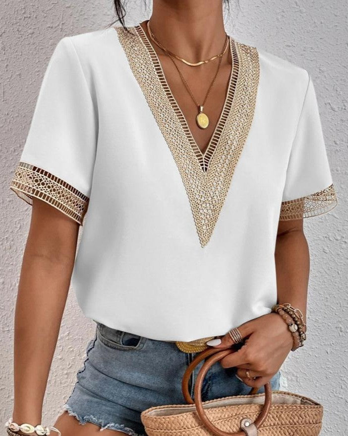 Crochet Trim V Neck Short Sleeve Blouse - White