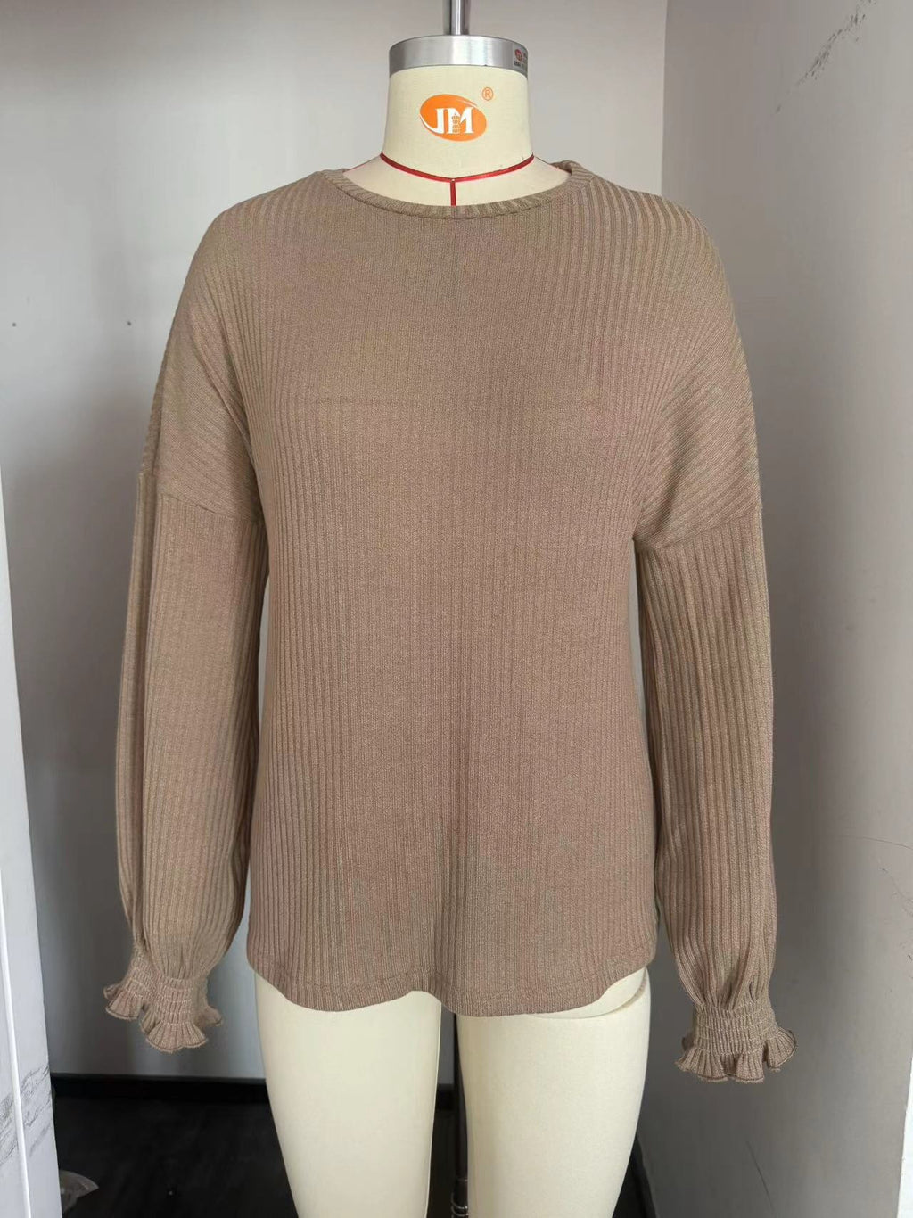 Waffle Knit Balloon Sleeve Crewneck Top - Khaki