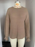 Waffle Knit Balloon Sleeve Crewneck Top - Khaki