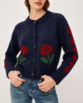 Floral Intarsia Argyle Sleeve Crew Neck Knit Cardigan - Blue