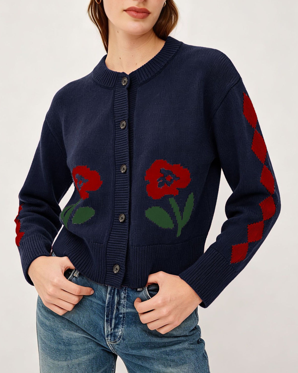 Floral Intarsia Argyle Sleeve Crew Neck Knit Cardigan - Blue