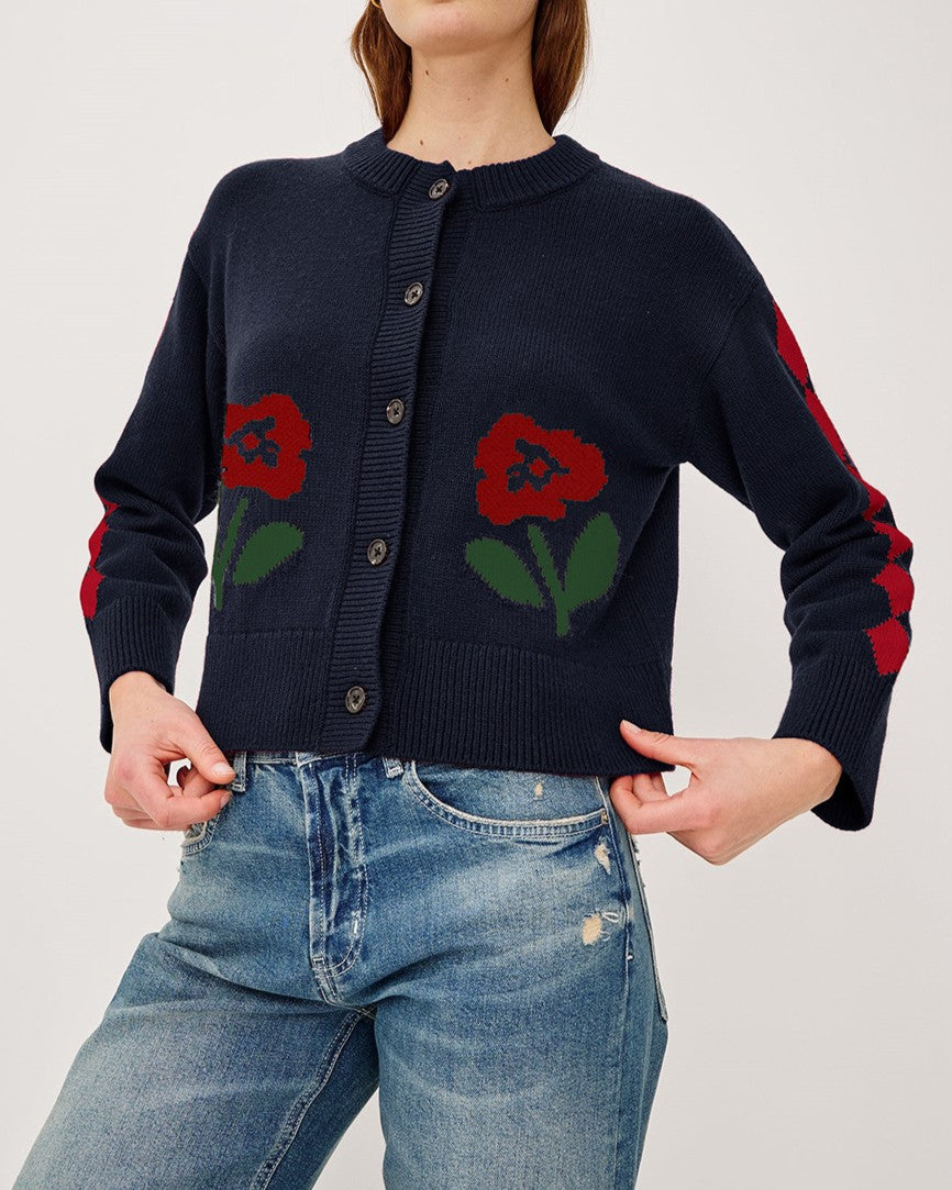 Floral Intarsia Argyle Sleeve Crew Neck Knit Cardigan - Blue - 1