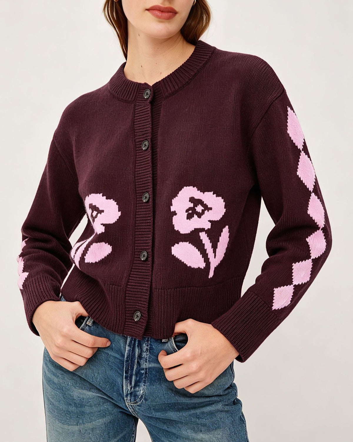 Floral Intarsia Argyle Sleeve Crew Neck Knit Cardigan - Red