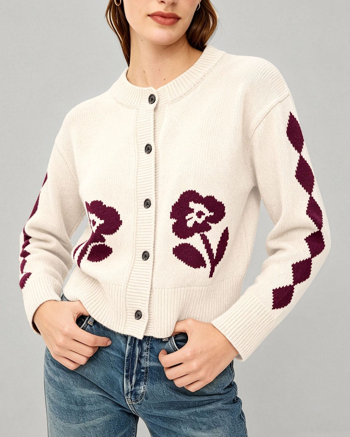 Floral Intarsia Argyle Sleeve Crew Neck Knit Cardigan - White