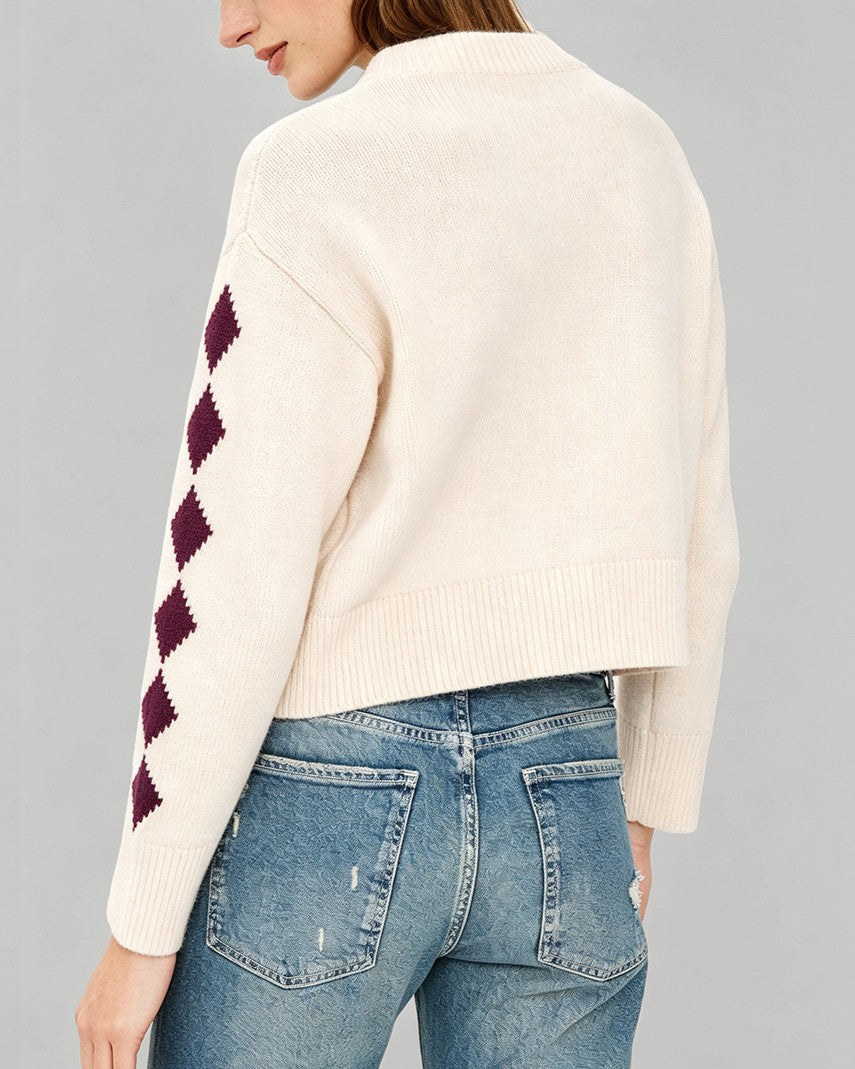 Floral Intarsia Argyle Sleeve Crew Neck Knit Cardigan - White - 1
