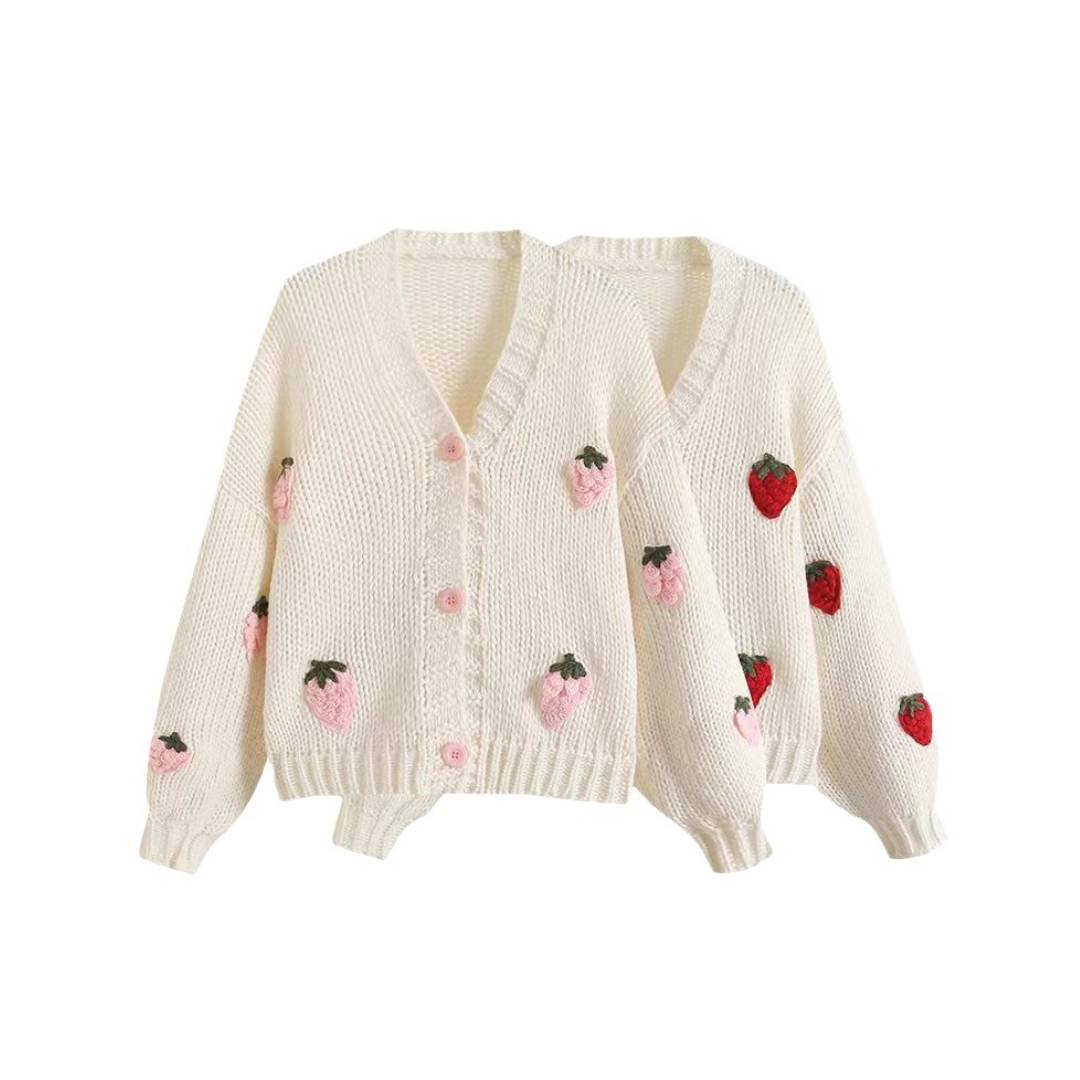 Strawberry Embroidered Balloon Sleeve Crop Cardigan - Pink