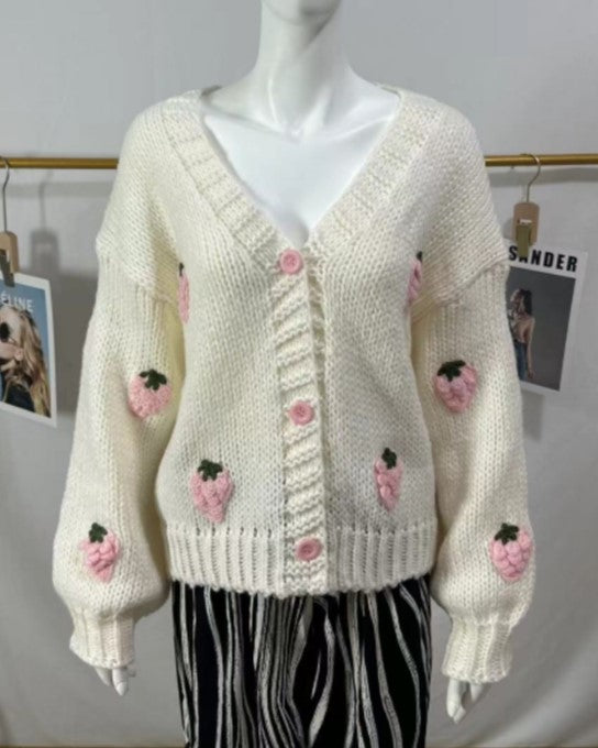 Strawberry Embroidered Balloon Sleeve Crop Cardigan - Pink - 1