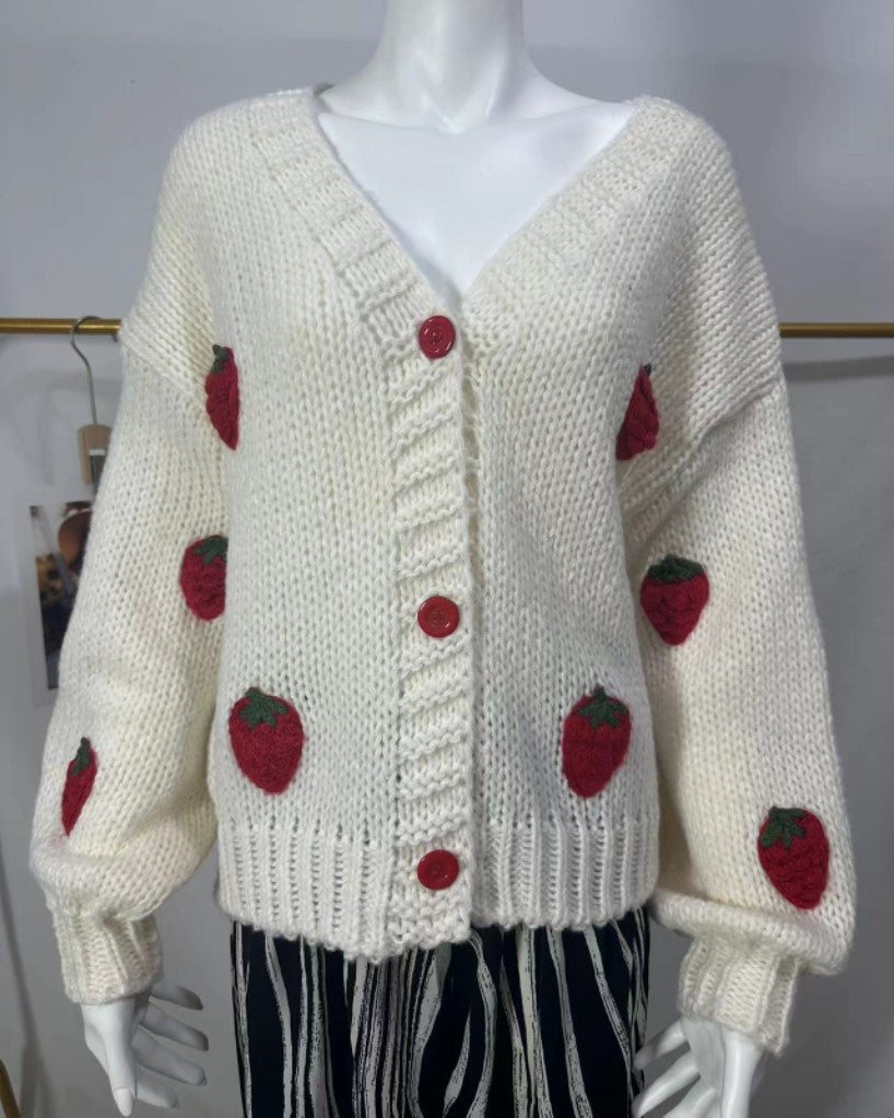 Strawberry Embroidered Balloon Sleeve Crop Cardigan - Red