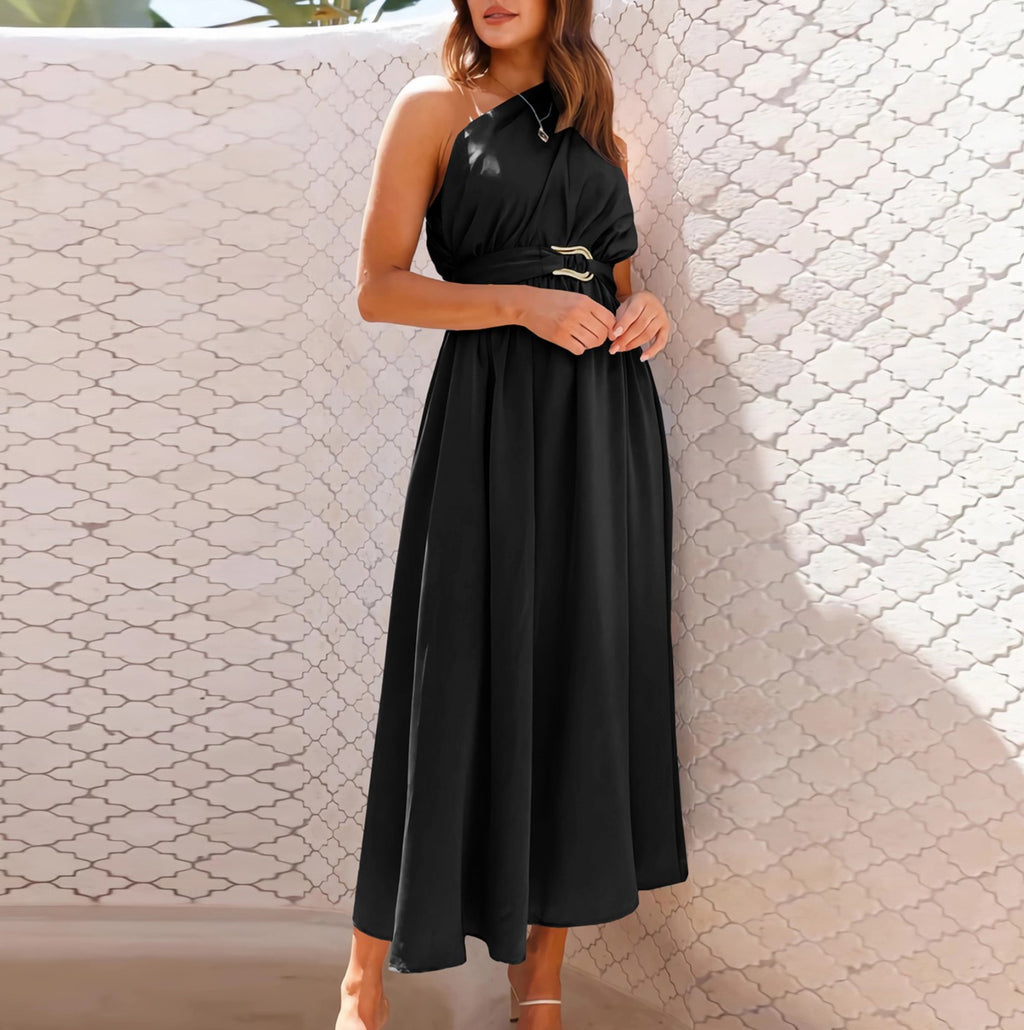 Asymmetric One Shoulder Belted Flared Maxi Dress - Black