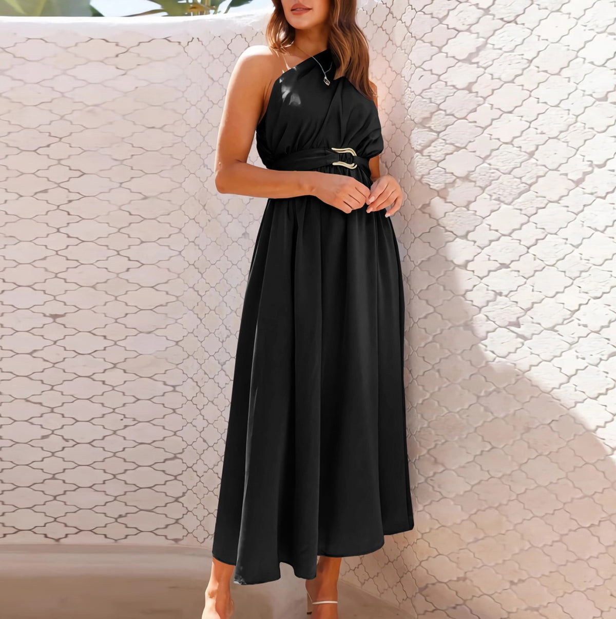 Asymmetric One Shoulder Belted Flared Maxi Dress - Black