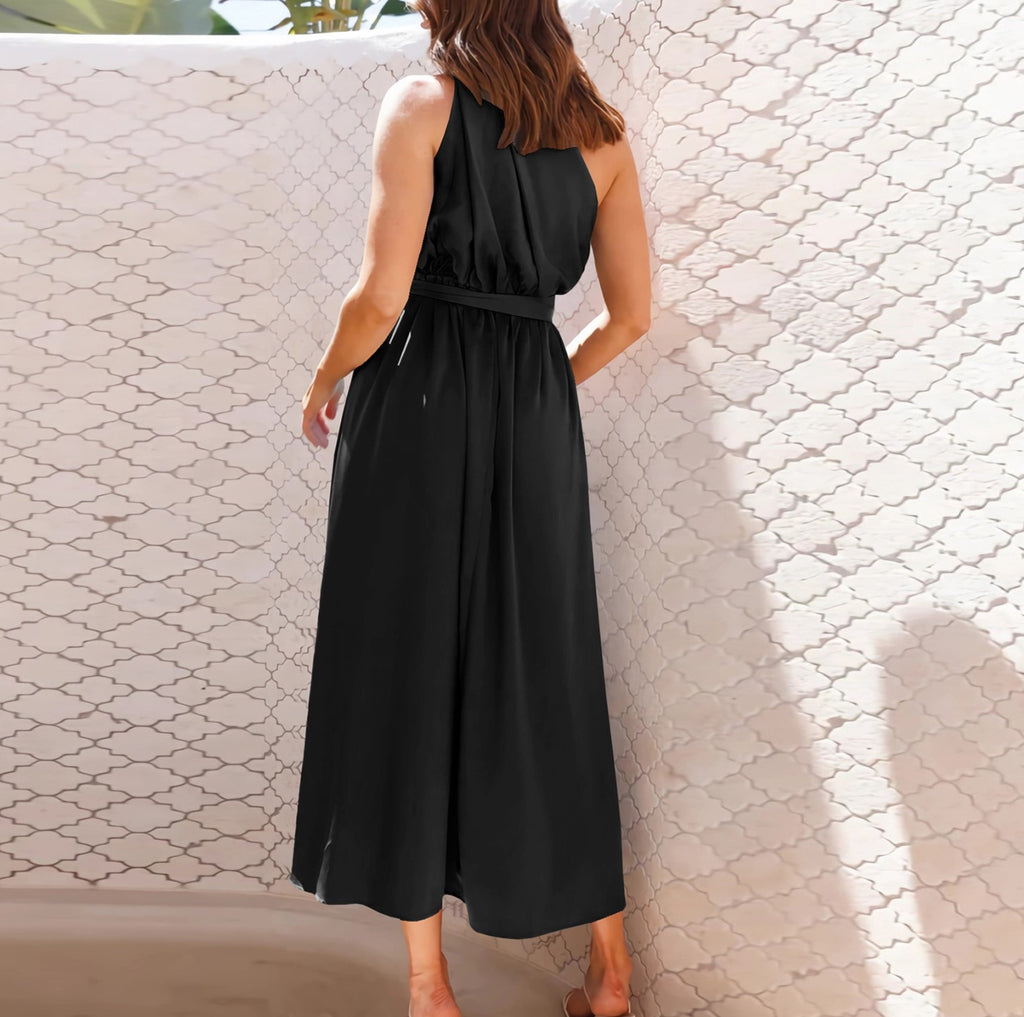 Asymmetric One Shoulder Belted Flared Maxi Dress - Black - 1