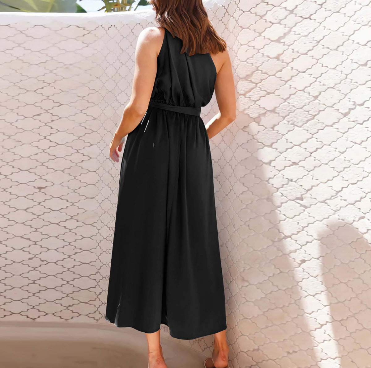 Asymmetric One Shoulder Belted Flared Maxi Dress - Black - 1