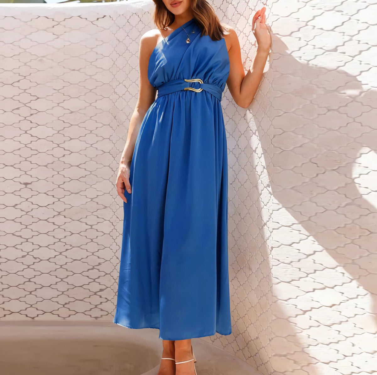 Asymmetric One Shoulder Belted Flared Maxi Dress - Blue